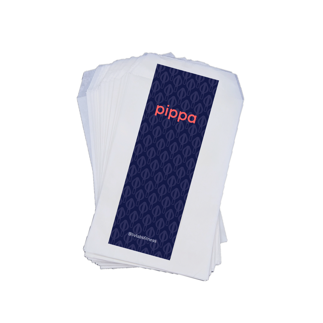 Fanned-out stack of white glassine bags with a 'pippa' branded bookmark on top