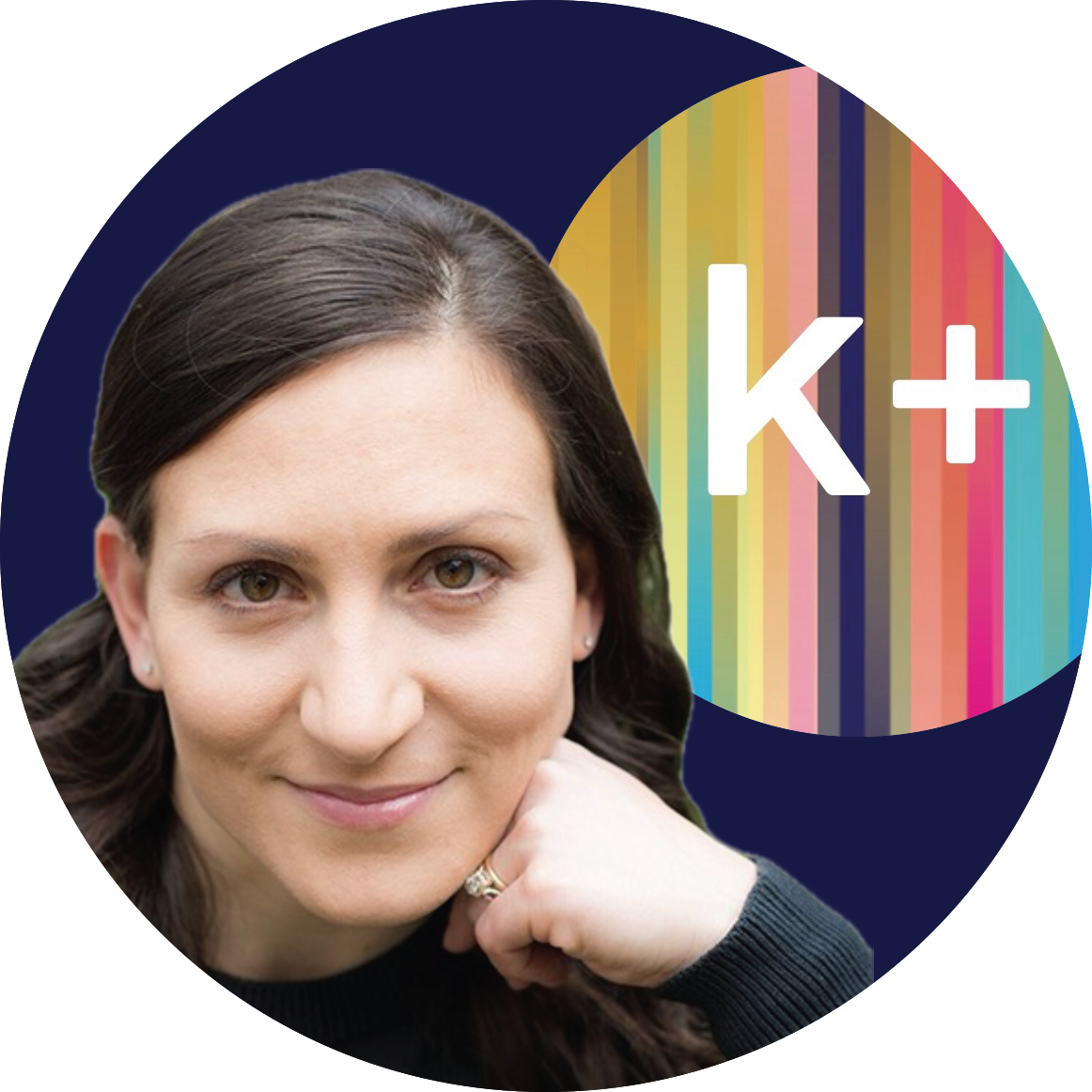 Woman's headshot (implied coach persona) with a colorful striped background and 'k+' text