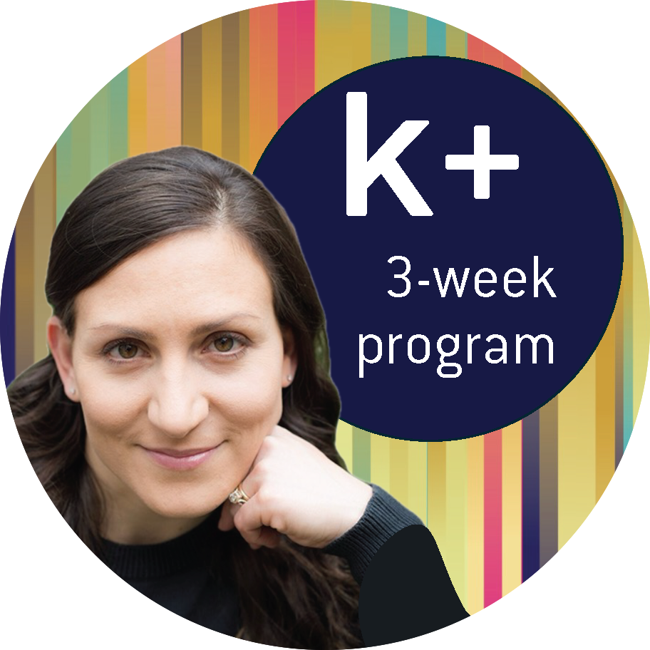 Woman's headshot (implied coach persona) with a colorful striped background and 'k+ 3-week program' text