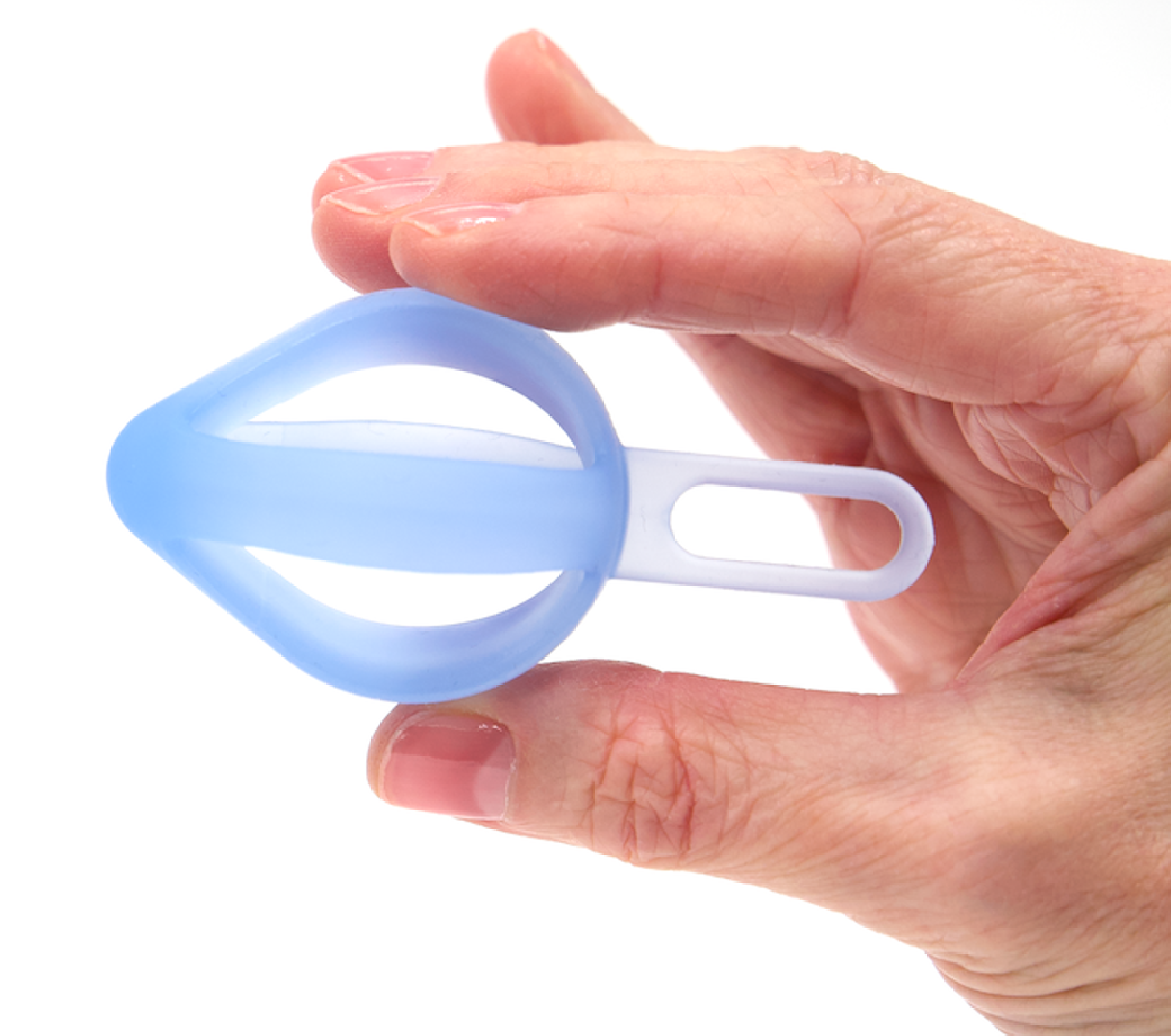 Hand holding a semi-translucent, blue Pippa resistance spring against a white background
