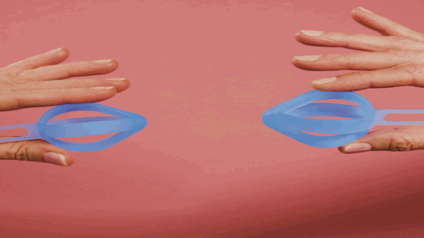 Dynamic image of two differently-sized Pippa resistance springs being compressed by hand, with each hand coming from the opposite side of the screen, against a pink-red background