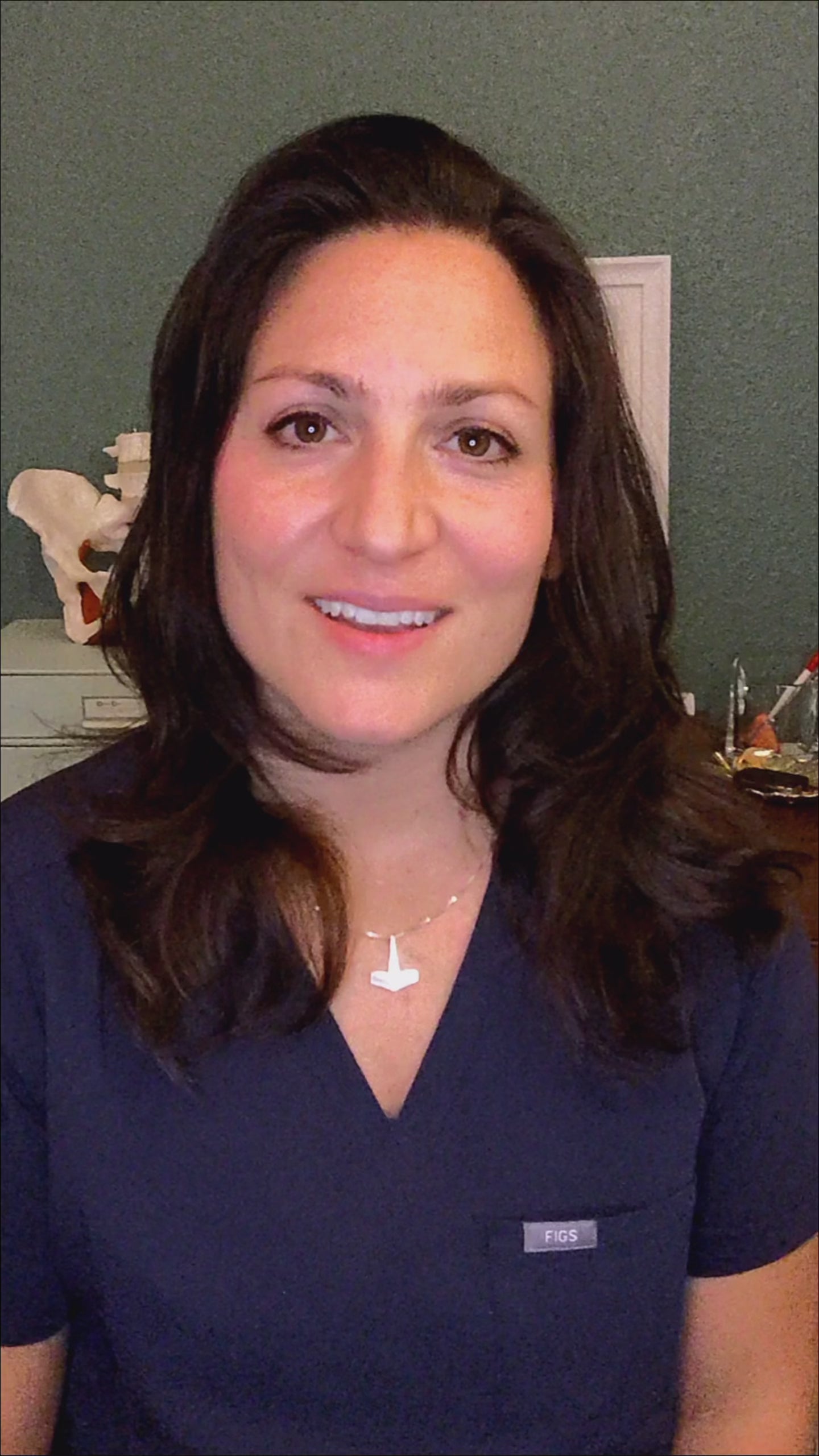 Talking head video featuring Dr. Melissa Stendahl, PT wearing dark blue scrubs in a pelvic health clinic setting with a pelvis model visible in the background.